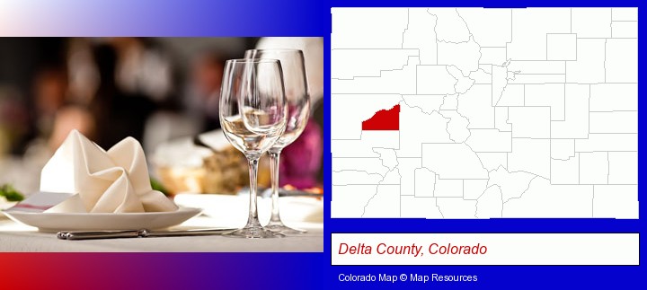 a restaurant table place setting; Delta County, Colorado highlighted in red on a map