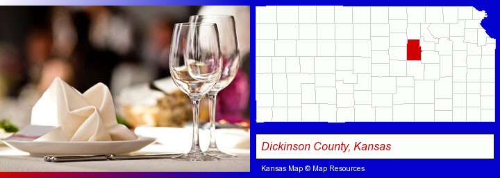 a restaurant table place setting; Dickinson County, Kansas highlighted in red on a map