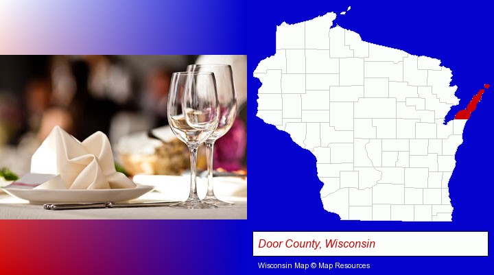 a restaurant table place setting; Door County, Wisconsin highlighted in red on a map