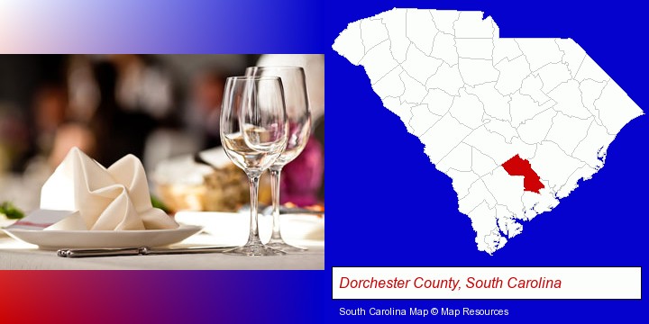 a restaurant table place setting; Dorchester County, South Carolina highlighted in red on a map