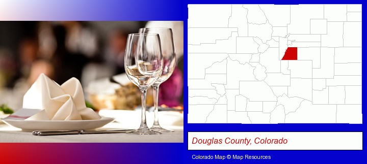 a restaurant table place setting; Douglas County, Colorado highlighted in red on a map