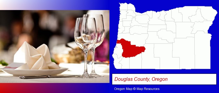 a restaurant table place setting; Douglas County, Oregon highlighted in red on a map