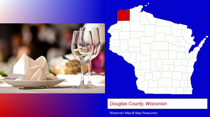 a restaurant table place setting; Douglas County, Wisconsin highlighted in red on a map