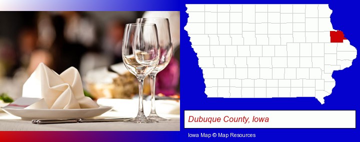 a restaurant table place setting; Dubuque County, Iowa highlighted in red on a map