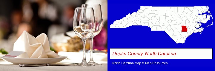 a restaurant table place setting; Duplin County, North Carolina highlighted in red on a map