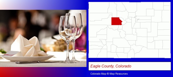 a restaurant table place setting; Eagle County, Colorado highlighted in red on a map