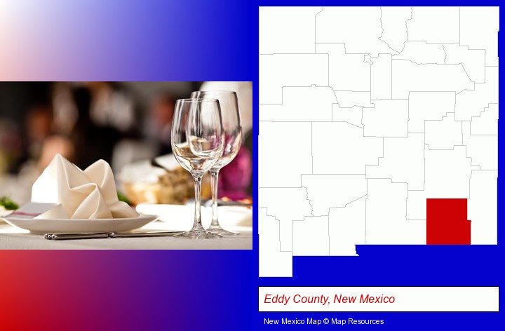 a restaurant table place setting; Eddy County, New Mexico highlighted in red on a map