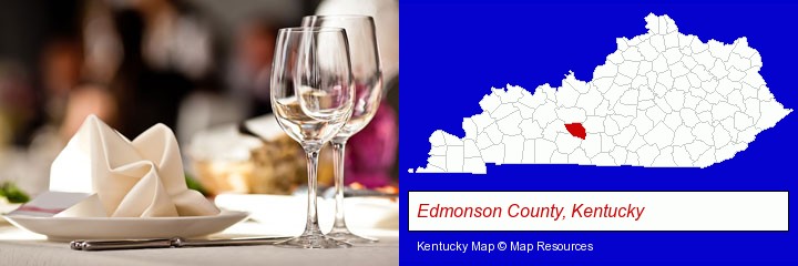 a restaurant table place setting; Edmonson County, Kentucky highlighted in red on a map