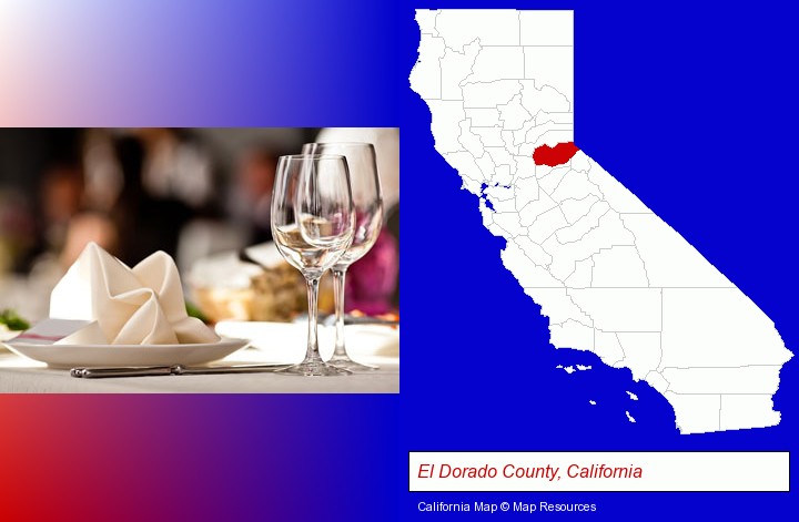 a restaurant table place setting; El Dorado County, California highlighted in red on a map