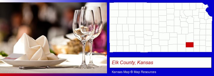 a restaurant table place setting; Elk County, Kansas highlighted in red on a map
