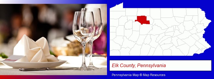 a restaurant table place setting; Elk County, Pennsylvania highlighted in red on a map