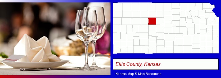 a restaurant table place setting; Ellis County, Kansas highlighted in red on a map