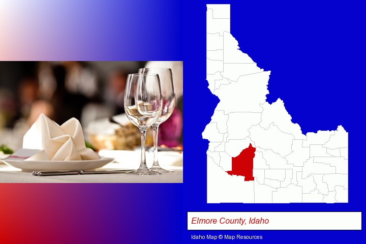 a restaurant table place setting; Elmore County, Idaho highlighted in red on a map