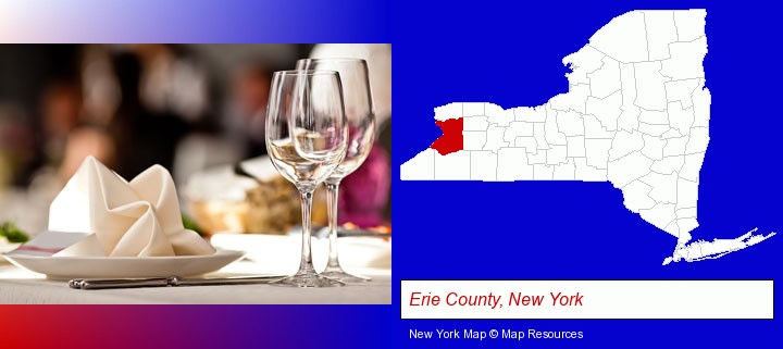 a restaurant table place setting; Erie County, New York highlighted in red on a map