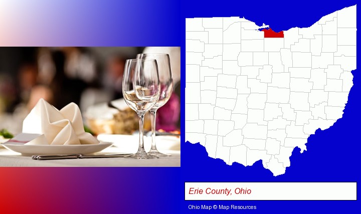 a restaurant table place setting; Erie County, Ohio highlighted in red on a map
