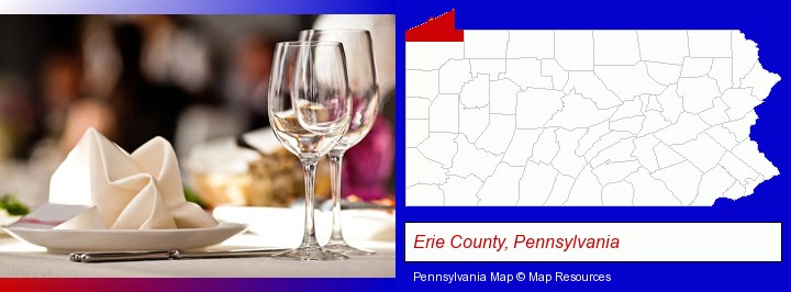 a restaurant table place setting; Erie County, Pennsylvania highlighted in red on a map