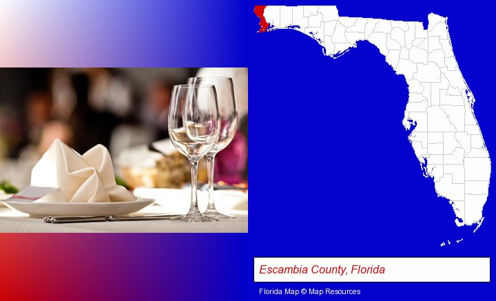 a restaurant table place setting; Escambia County, Florida highlighted in red on a map
