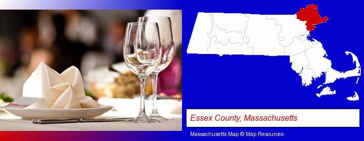 a restaurant table place setting; Essex County, Massachusetts highlighted in red on a map