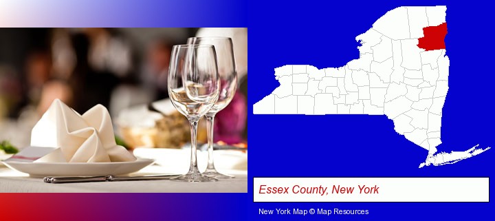 a restaurant table place setting; Essex County, New York highlighted in red on a map