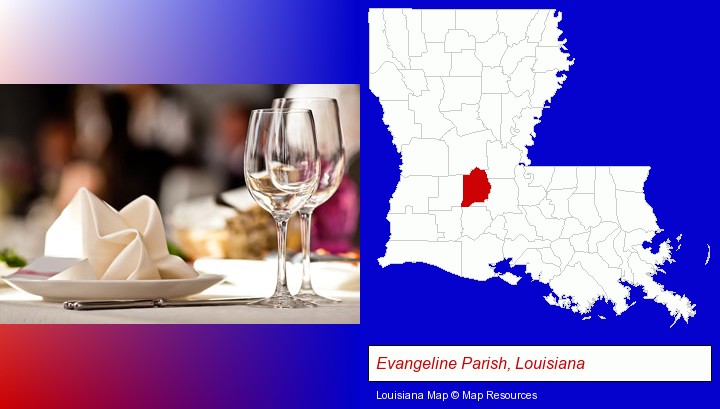 a restaurant table place setting; Evangeline Parish, Louisiana highlighted in red on a map