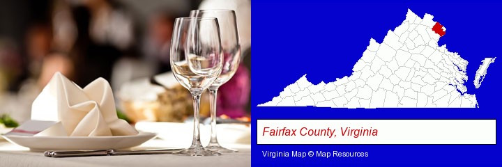 a restaurant table place setting; Fairfax County, Virginia highlighted in red on a map
