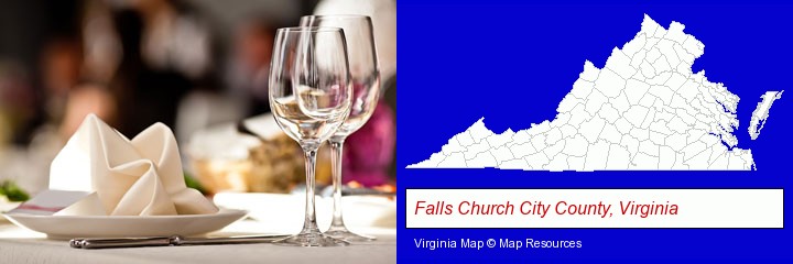 a restaurant table place setting; Falls Church City County, Virginia highlighted in red on a map