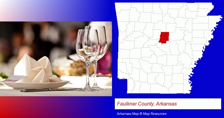 a restaurant table place setting; Faulkner County, Arkansas highlighted in red on a map