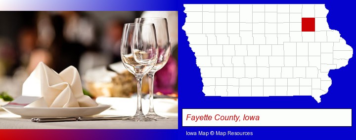 a restaurant table place setting; Fayette County, Iowa highlighted in red on a map