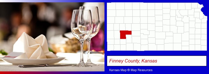 a restaurant table place setting; Finney County, Kansas highlighted in red on a map