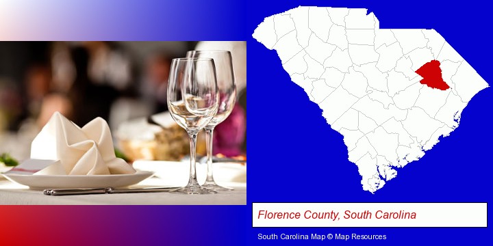 a restaurant table place setting; Florence County, South Carolina highlighted in red on a map