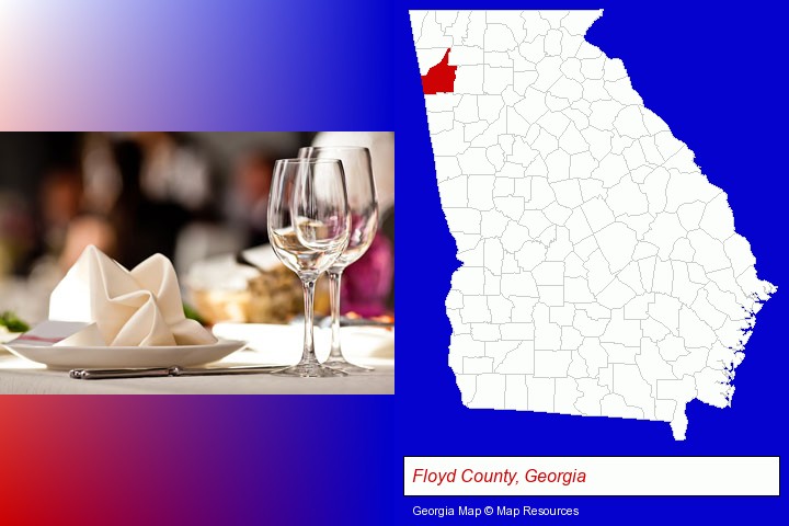 a restaurant table place setting; Floyd County, Georgia highlighted in red on a map