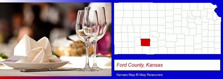 a restaurant table place setting; Ford County, Kansas highlighted in red on a map