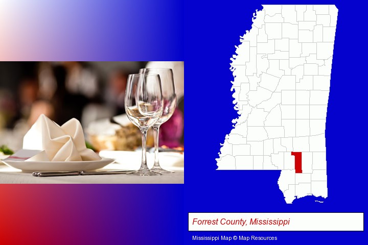 a restaurant table place setting; Forrest County, Mississippi highlighted in red on a map