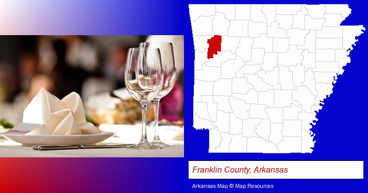 a restaurant table place setting; Franklin County, Arkansas highlighted in red on a map