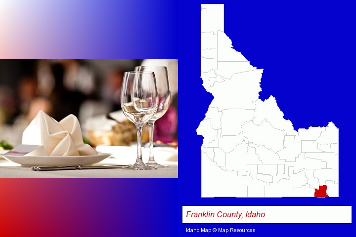 a restaurant table place setting; Franklin County, Idaho highlighted in red on a map