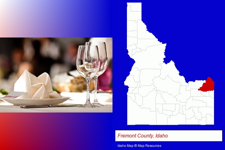 a restaurant table place setting; Fremont County, Idaho highlighted in red on a map