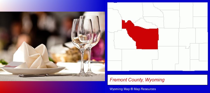 a restaurant table place setting; Fremont County, Wyoming highlighted in red on a map
