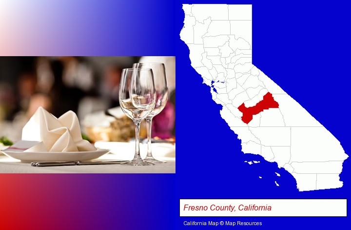 a restaurant table place setting; Fresno County, California highlighted in red on a map