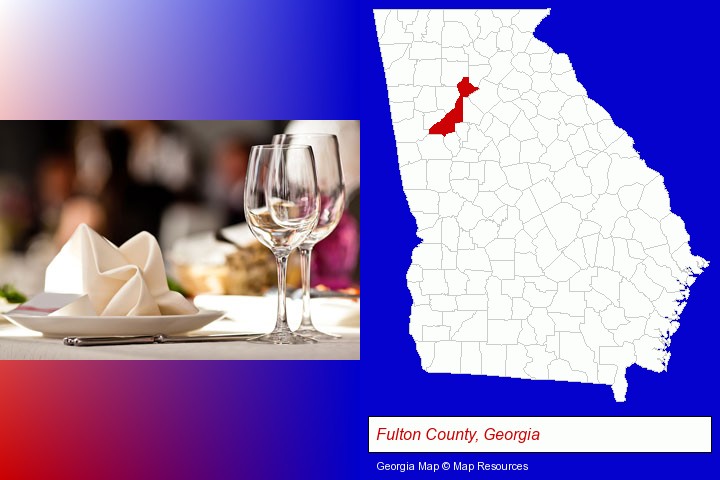 a restaurant table place setting; Fulton County, Georgia highlighted in red on a map