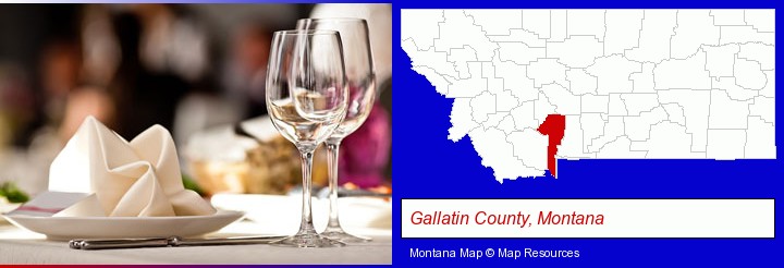 a restaurant table place setting; Gallatin County, Montana highlighted in red on a map