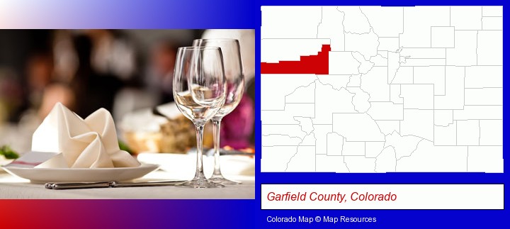 a restaurant table place setting; Garfield County, Colorado highlighted in red on a map