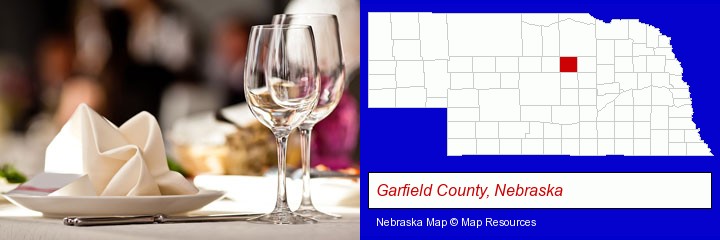 a restaurant table place setting; Garfield County, Nebraska highlighted in red on a map