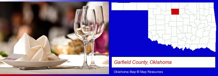a restaurant table place setting; Garfield County, Oklahoma highlighted in red on a map