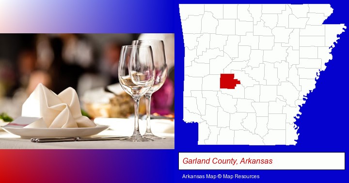 a restaurant table place setting; Garland County, Arkansas highlighted in red on a map