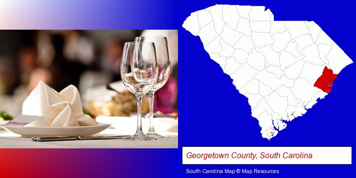 a restaurant table place setting; Georgetown County, South Carolina highlighted in red on a map