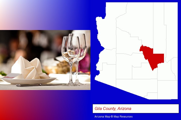 a restaurant table place setting; Gila County, Arizona highlighted in red on a map