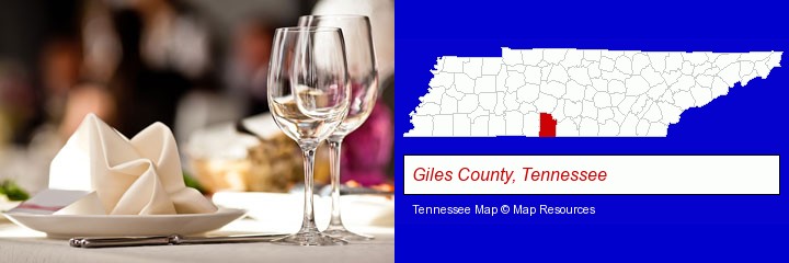 a restaurant table place setting; Giles County, Tennessee highlighted in red on a map
