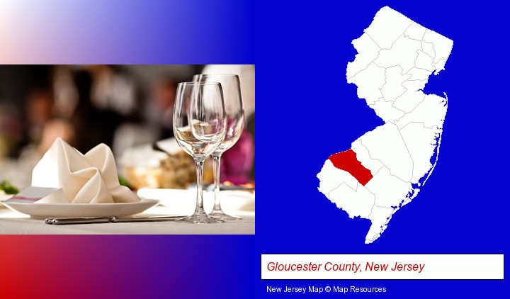 a restaurant table place setting; Gloucester County, New Jersey highlighted in red on a map