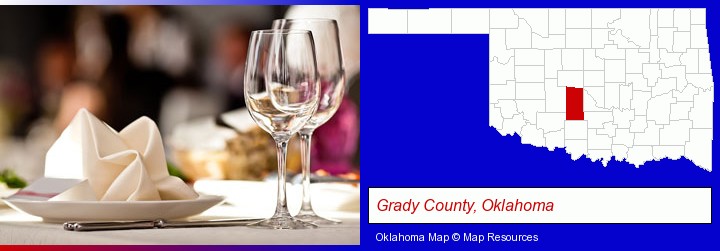 a restaurant table place setting; Grady County, Oklahoma highlighted in red on a map