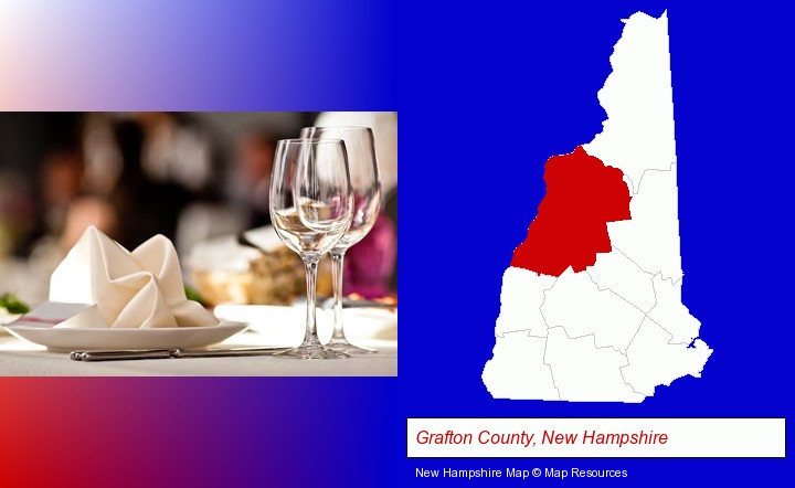 a restaurant table place setting; Grafton County, New Hampshire highlighted in red on a map